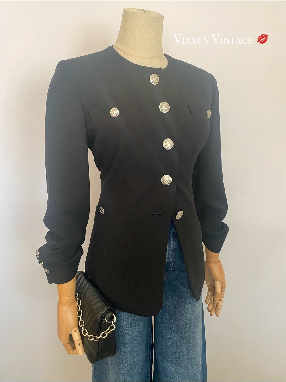VINTAGE 1990’S KASPER PETITES SINGLE BREASTED COLLARLESS BLAZER IN BLACK